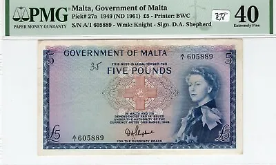 Malta 1949 1961 5 Pounds PMG Certified Banknote Extremely Fine 40 Pick 27a  • $237.49