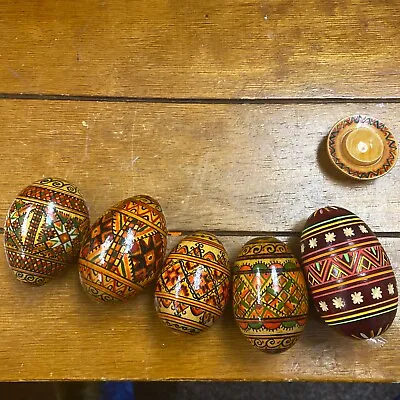 Lot Of 4 Small & One Large Vintage Hand Painted Ukranian Wooden Eggs One Stand • $24