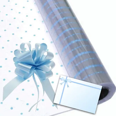 £0.99 • Buy Blue Dot Cellophane Gift Wrap Birthday Baby Hampers + Pull Bow & Bow Card