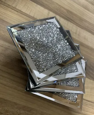 Silver Bling Crushed Diamond Elegant Stunning Set Of 4 Mirror Shine Coasters • £11.95