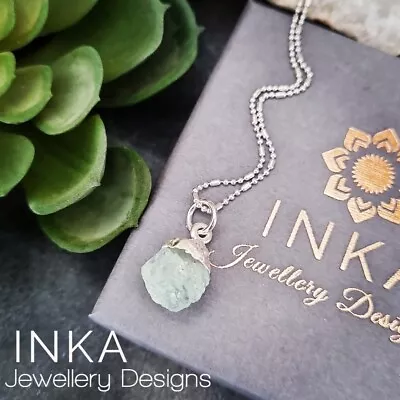 Inka 925 Sterling Silver 16  Ball Bead Necklace With Raw Aquamarine Pendant • $22.73