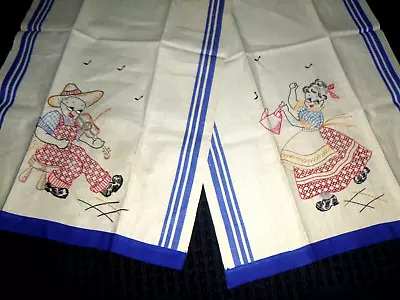 PR Vtg Linen Kitchen Tea Towels Embroidered Grandpa W/ Fiddle Grandma Dancing • $22