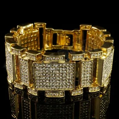 14k Gold Plated Flooded Iced MicroPave Lab CZ Mens Bling Adjustable Bracelet • $19.99