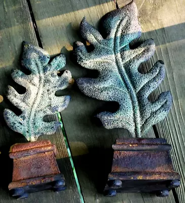 Vintage PIER 1 Set 2 METAL LEAF SCULPTURES ON BASES Distressed Verdigris Finish • $63.99