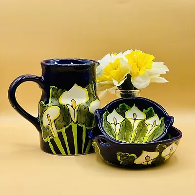 Mexican Talavera Style Pottery Pitcher & Bowls Blue W/Calla Lilies SET OF 3 * • $36.99