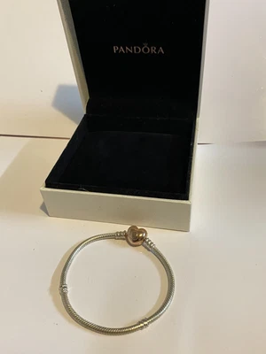 $59 • Buy Pandora Moments Sterling Silver Charm Bracelet Rose Gold Heart Clasp NEW IN BOX