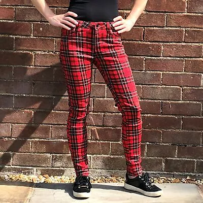 Red Slim Tartan Trousers Skinny Stretch Plaid Pants Check Jeans • £15