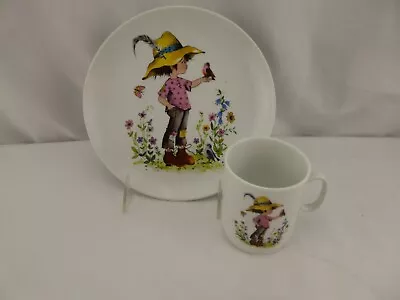 Kaiser Child Plate And Cup Hippy Girl With Hat Bird 7 3/4  Boho Flower Child • $24.99