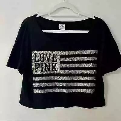 Victorias Secret PINK Womens Crop Top Sequins American Flag Short Sleeve Black S • $17.99