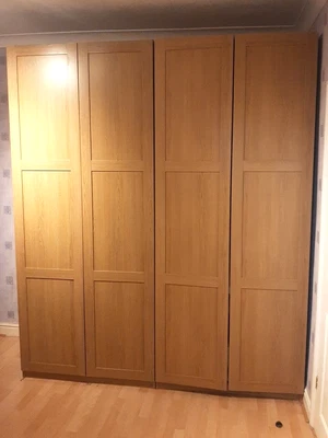 £275 • Buy Two Pristine IKEA PAX Wardrobes In Oak With 4 Doors, Shelves + Drawer. RRP £600