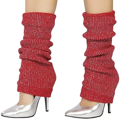 Red Silver Sparkle Leg Warmers Knee High Metallic Knit Retro Costume 80s LW102 • $14.99