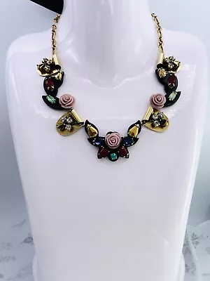 J.CREW Gold Tone Multi-coloured Crystal Resin Floral Statement Necklace • $58.99