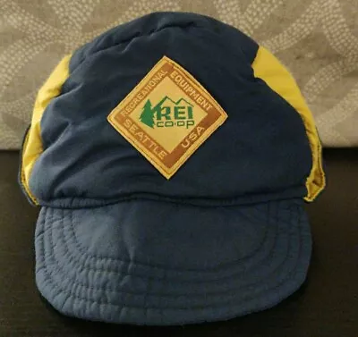 Vintage REI Blue Yellow Puffer Hat Ear Flaps Unisex - Gently Loved W/O LABEL • $100