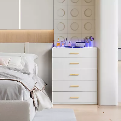 Tall LED Dresser For Bedroom Chest Of Dresser With 5 Drawer & Tempered Glass Top • $120.99