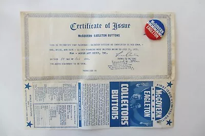 McGovern-Eagleton 1972 Button W/Certificate Of Issue & Original Price List Ad • $4