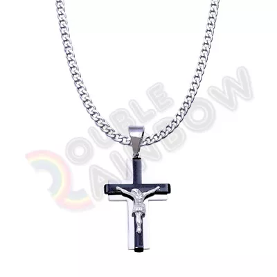Men Stainless Steel Cross Necklace Jesus Crucifix 18-36 Cuban 5mm-12mm Chain#P04 • $18.23