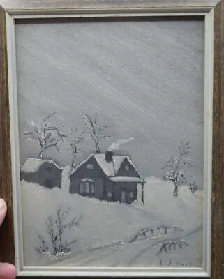 $40 • Buy Vintage Original Oil On Canvas Board Cabin In Snow Landscape Naive Oil Painting 