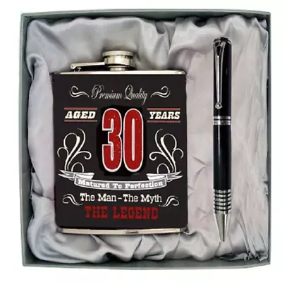 30th Thirtieth Birthday Milestone Black Stainless Steel Hip Flask Pen Gift Box • $29.95
