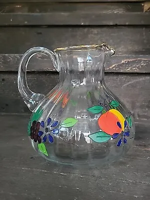 Romania Crystal Clear Pitcher Venetian Fruit Hand Painted Gold Trim • $30