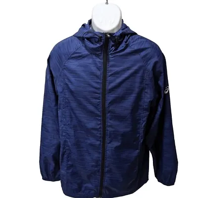 Asics Packable Wind Resistant Jacket Hooded Mens S Windbreaker Blue Printed • $24.50