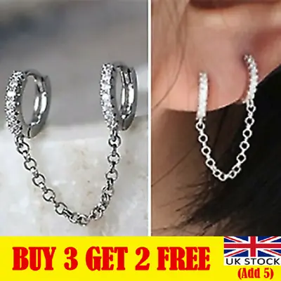 £2.75 • Buy Double Hoop Huggie Rhinestone Crystal With Chain Drop Dangle Earrings TR QT