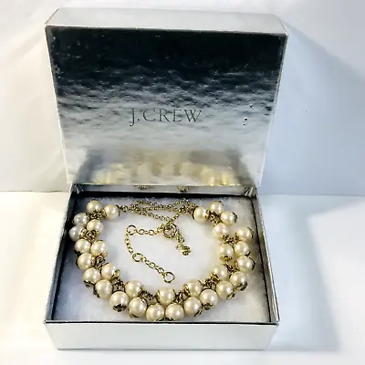 J. CREW GIFT BOX-Faux Double Pearl Necklace/Choker On Gold Chain+Extender+Charm • $24.88