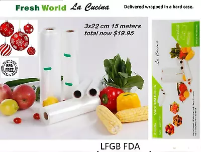 Vacuum Sealer Bags Rolls Saver Food Storage Reusable BPA Free 15 Meter 3X22CM • $18.95