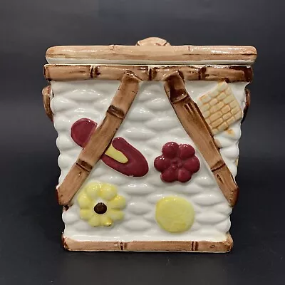 Vintage Fruit Picnic Basket Cookie Jar Wicker Basketweave Design Made In Japan • $13.11
