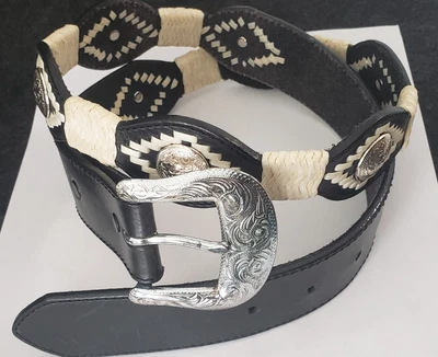 $10 • Buy VTG '90s Tony Lama Belt Sz 34 Black Leather W/ Medallions,sinew Wrap (Needs TLC)