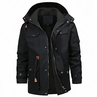 Mens Fleece Fur Lined Parker Coat Jacket Hooded Zipper Winter Warm Outwear Coat • £27.59