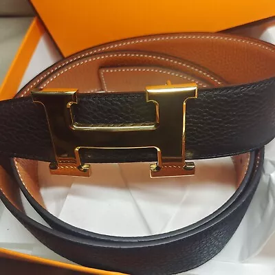 Hermes Men Authentic Belt Classic Gold H Buckle Black Leather • $175.98