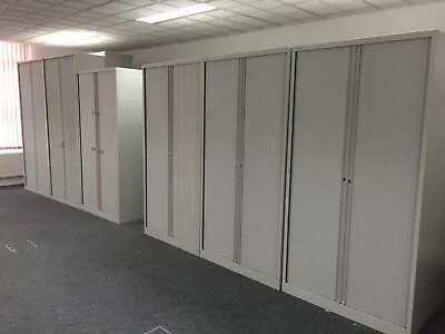 3  -TALL TAMBOUR CABINETS IN GREY - 2 MTR TALL X 1 MTR WIDE - WITH 4-SHELVES VGC • £149