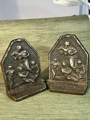 Vintage Leather Helmet Football Players Book Ends -marked 5.5  Tall -4  W -iron • $54.99