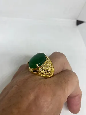 Vintage 13Ct Oval Simulated Green Jade Men's Wedding Ring 14K Yellow Gold Plated • $388.99