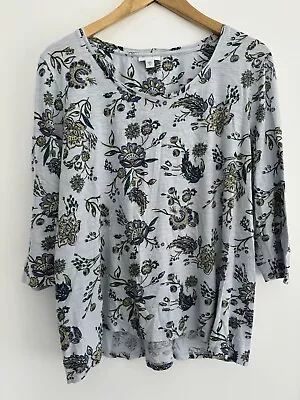 J Jill Jjill Blue Modal Blend Graphic Floral Shirred Back Tunic Tee Top XL • $6