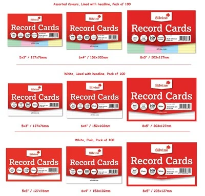 £2.99 • Buy Revision/ Flash/ Index Silvine Record Cards White/Plain/Ruled/Coloured Free P+P