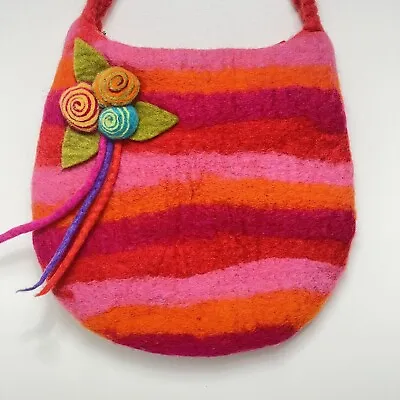 Felted Wool Bag Purse Pink Red With Flower Made In Nepal 9”x10” • $15.99