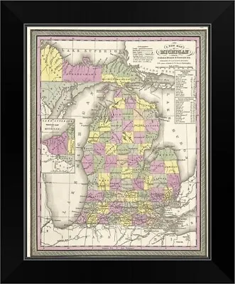 Vintage Map Of Michigan With Its Canals Black Framed Wall Art Print Map Home • $54.99