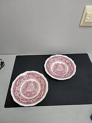 2 MASON'S VISTA Ironstone Red/Pink Transferware Soup Bowls • $15.25