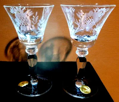 Vintage Etched Cordial Glasses Pair Of 2 Stemware Made In Roumania 1950's NEW • $9.99