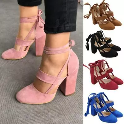 Womens Block High Heel Sandals Lace Up Strap Faux Suede Single Pumps Shoes Dress • $32.28