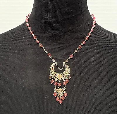 Pink Heart & Half Moon Shaped Bead Necklace Gold-toned Medallion Dangling Beads • $11