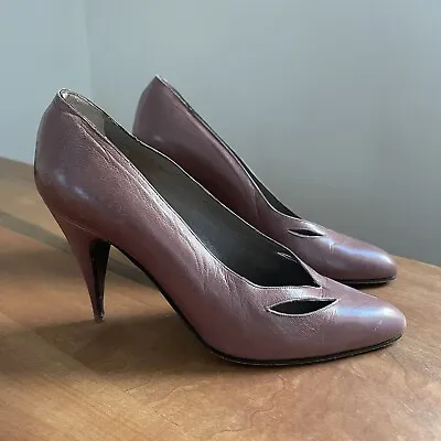 Stunning Vintage Maud Frizon Paris Puce Leather Peek-a-Boo Heels Pumps Sz 36 5.5 • $50