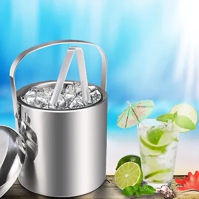 Double Walled Stainless Steel Insulated Ice Bucket With Removable Lid AndIce Ton • £17.99