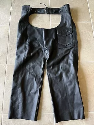 Black Leather Motorcycle Chaps Mens 3XL Pocket Adjustable Waist Zipper Snaps • $27