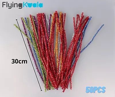 50PCS Glitter Chenille Sticks Infused Pipe Cleaners Stems Mixed Colours 30cm • $5.25