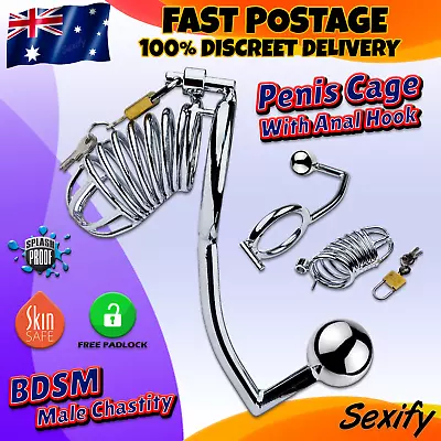 BDSM Stainless Steel Male Chastity Penis Cage Kit Anal Hook Anal Plug Sex Toy • $32.95