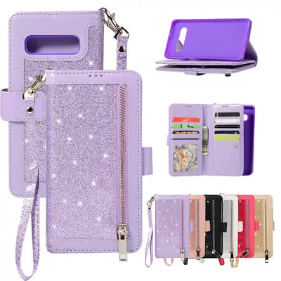 $23.99 • Buy For Samsung A12 S20FE S21+ S10 S9 S8 Note 20 Zipper Leather Glitter Wallet Case