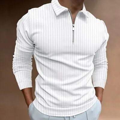 $22.98 • Buy Polo Shirt Men Zipper Collar Long Sleeve Stripe White Golf Zip Sport Classic Fit