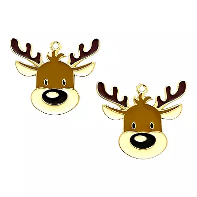 5 Pcs Moose Reindeer Christmas Charms Pendants 29x26mm Brown Cream Color On Gold • $4.99